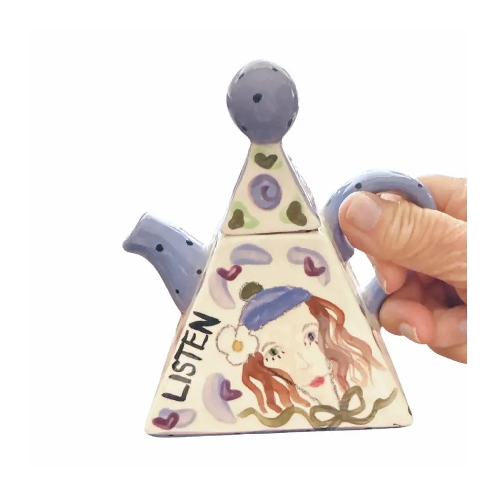 Vintage Hand Painted Ceramic Pyramid Shaped Teapot